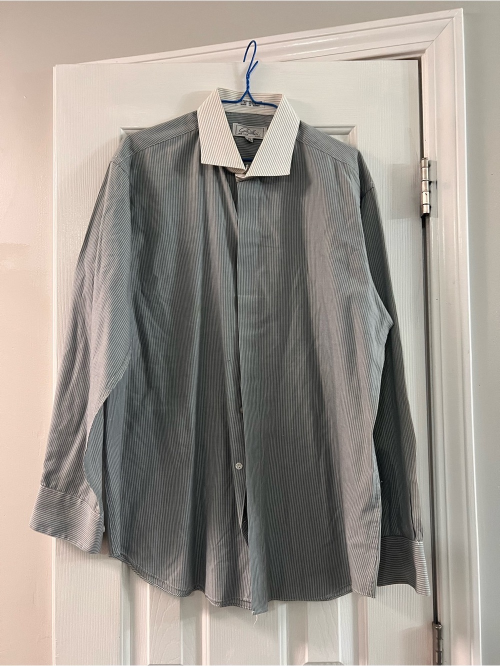 Men's Vintage Gray Pinstripe Dress Shirt with White Contrast Collar
